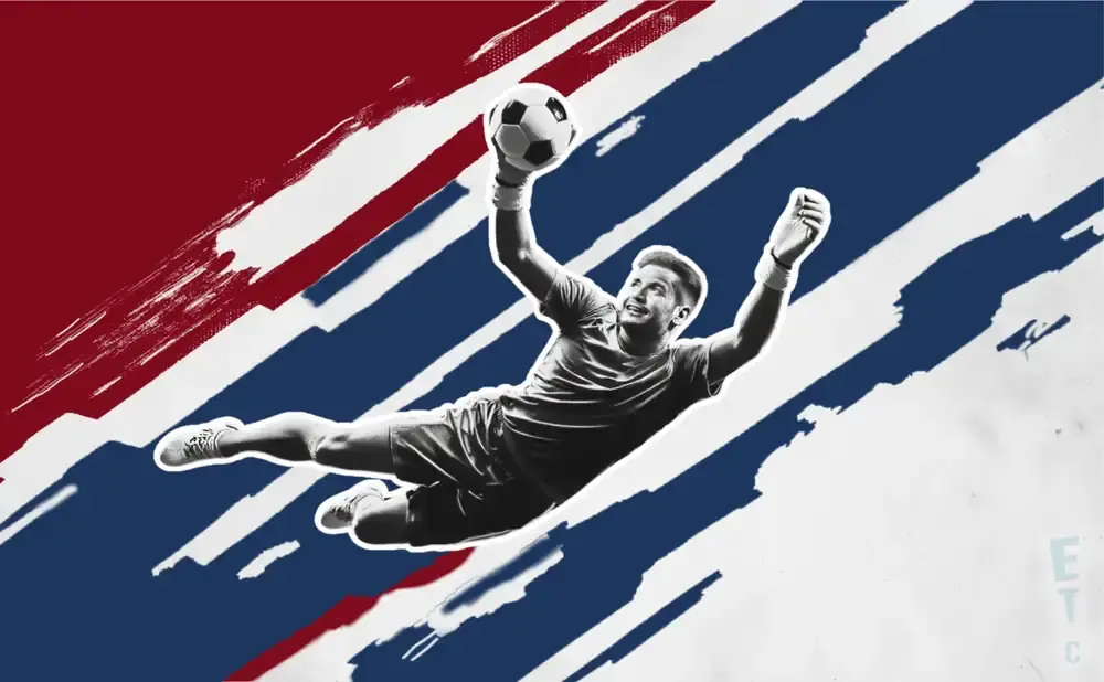 A soccer goalie leaps to catch a ball against a red, white, and blue abstract background.