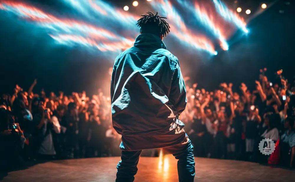 A performer on stage faces a cheering crowd under bright stage lights.