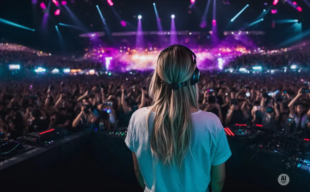 DJ with headphones on, facing a large crowd at a concert with purple stage lights.