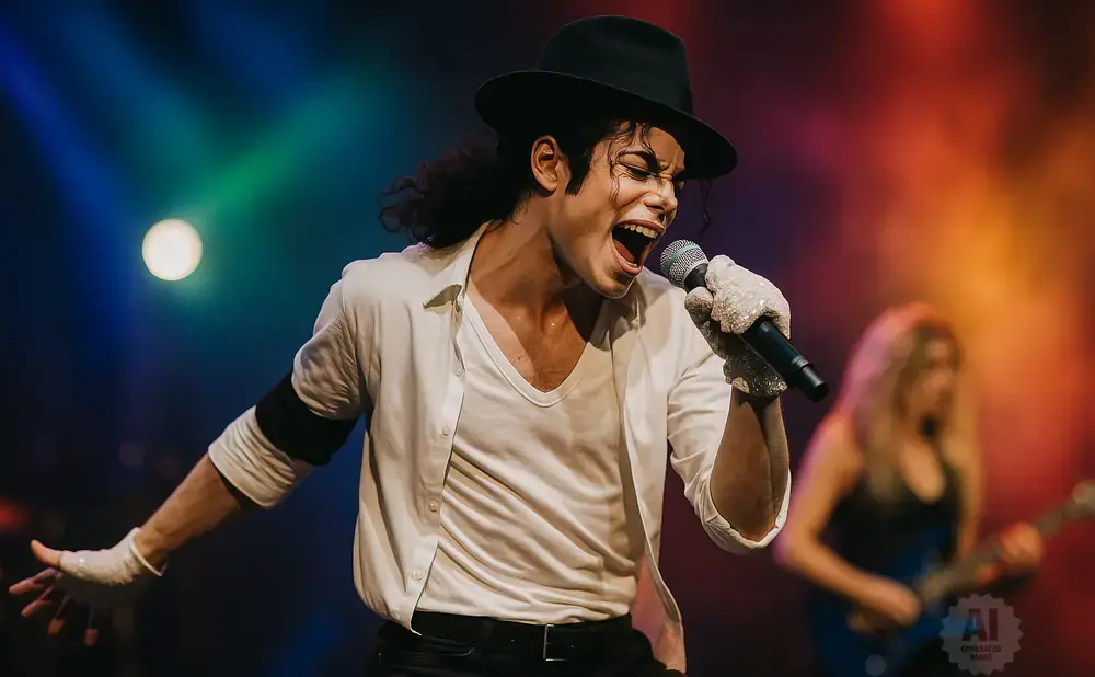 Michael Jackson impersonator sings into a microphone on stage with colored lights and a blurred guitarist in the background.