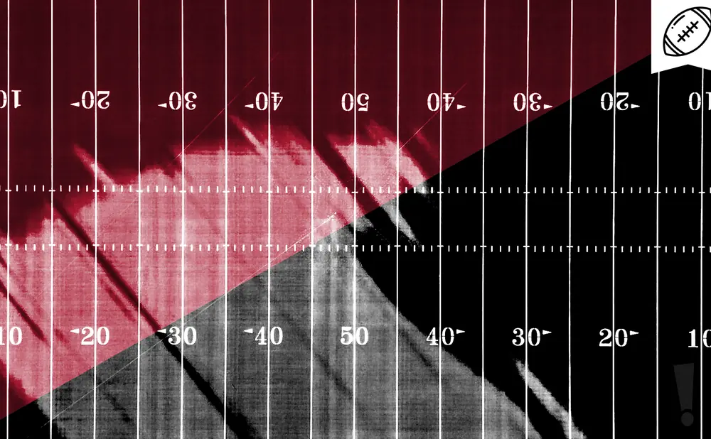 A football field graphic with a diagonal divide, maroon on the left, black on the right, with yard lines and numbers.