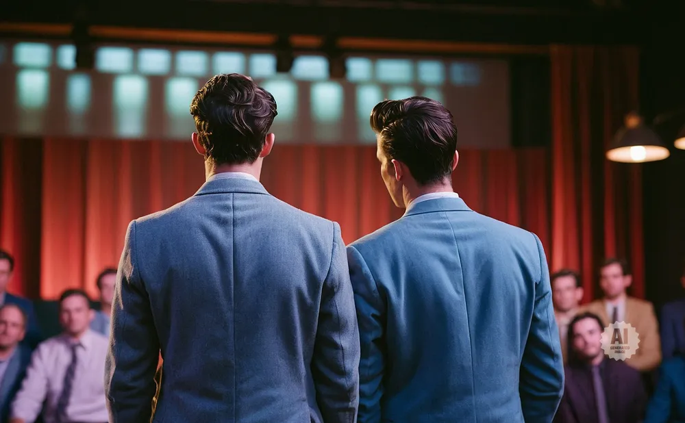 Two men in blue suits face away from the camera, standing before an audience.