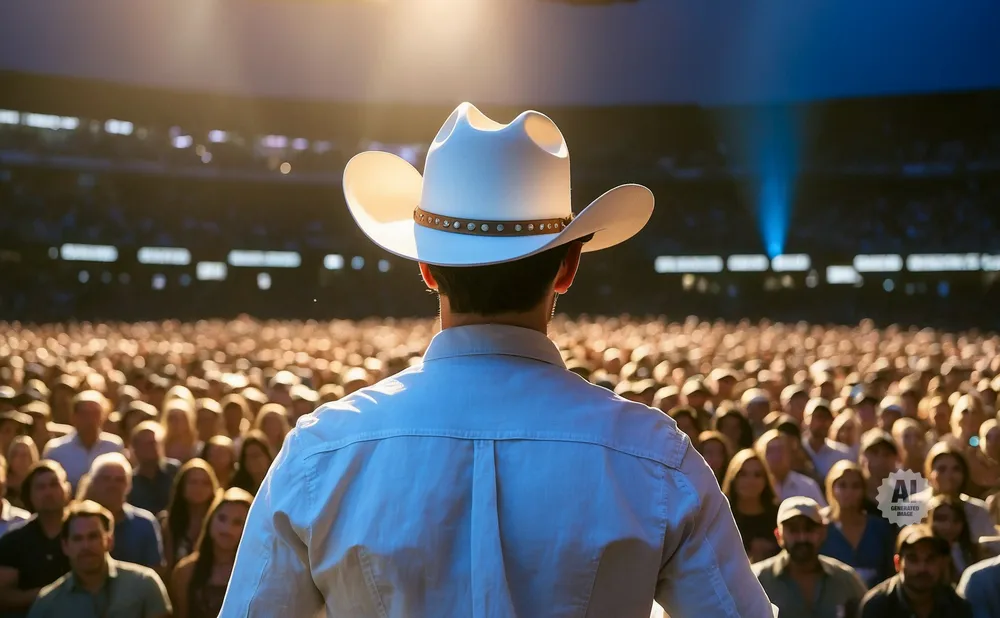 Man in cowboy hat on stage in front of a large crowd.