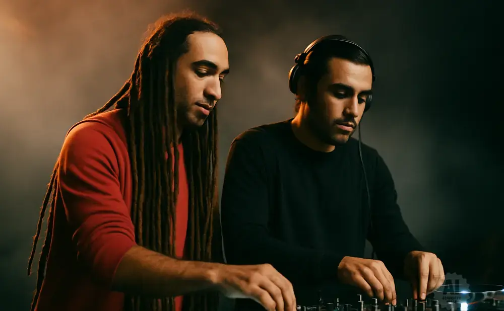 Two DJs, one with dreadlocks in a red shirt, the other with headphones in a black shirt, are working on a DJ setup.