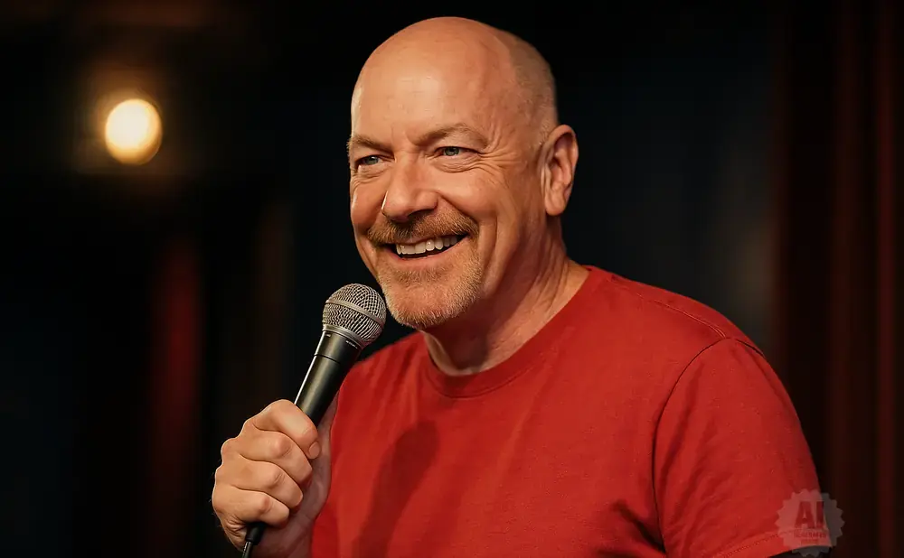 Bald man with mustache in red shirt smiles and holds a microphone on stage.
