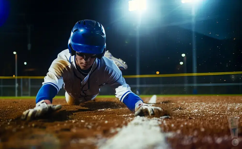 Baseball player sliding into a base under stadium lights.