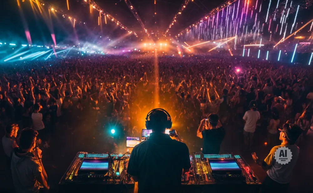 DJ performing for a large crowd at a vibrant concert with colorful stage lights.