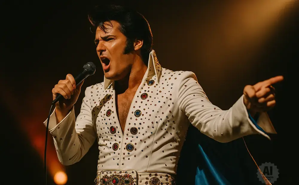 Elvis Presley impersonator in a white jeweled jumpsuit sings into a microphone, pointing with his right hand.
