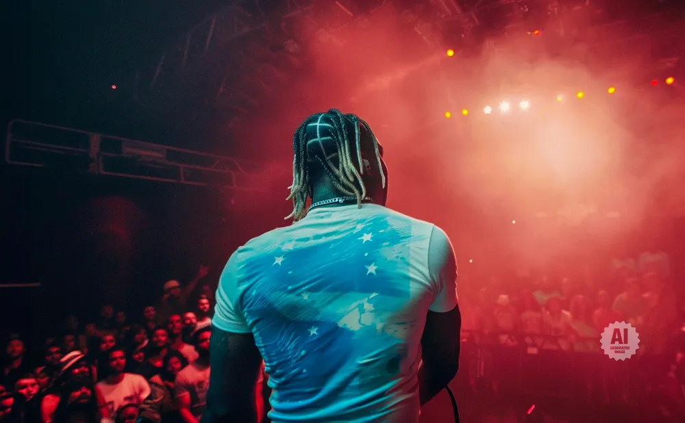 A performer with braided hair stands on stage with a crowd cheering in front of a backdrop of red smoke and stage lights.