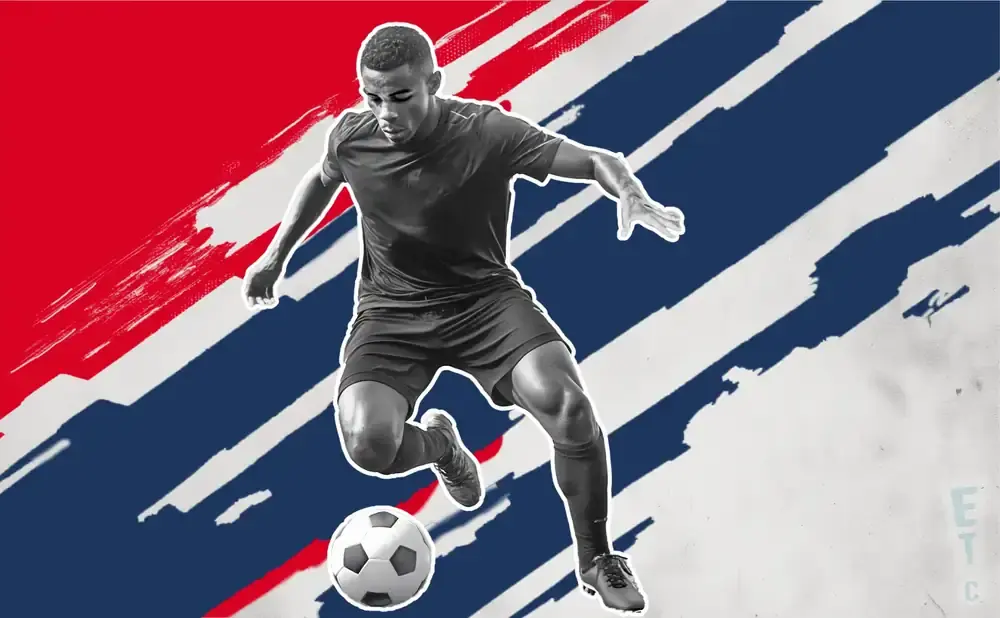 A soccer player in black attire dribbles a ball, against a background of red, white, and blue brushstrokes.