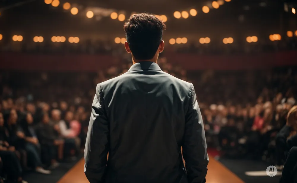 Man in suit on stage, facing away from camera, looks out at a blurred audience under warm stage lights.