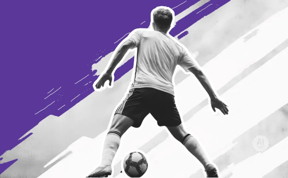 Soccer player in action, viewed from behind, with a purple and white abstract background.