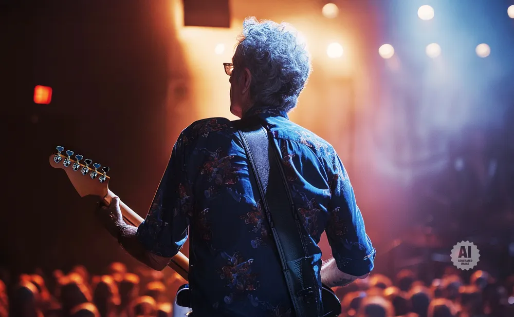 Guitarist on stage under spotlights, playing to an audience.