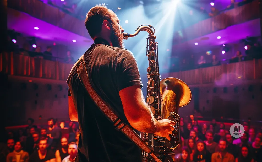 A man plays a saxophone on a stage with a spotlight and a purple-lit audience.