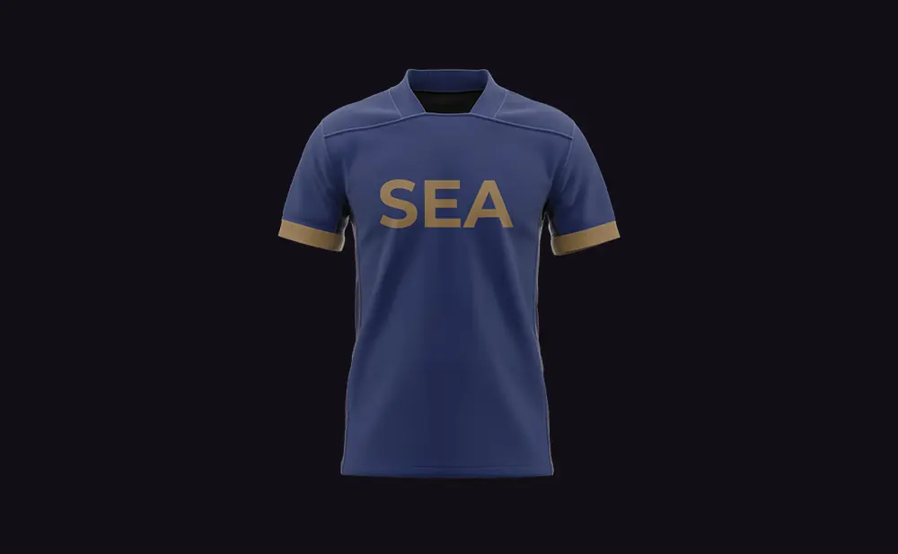 A blue t-shirt with gold trim and the word 