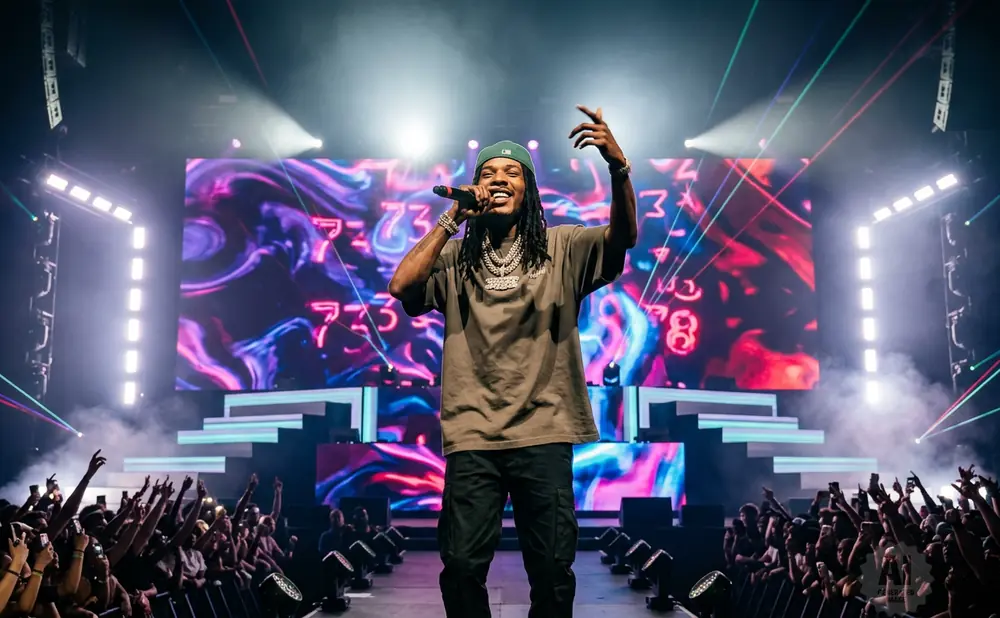 A rapper performs on stage at a concert, with a large screen displaying abstract art behind him and a cheering crowd in front.