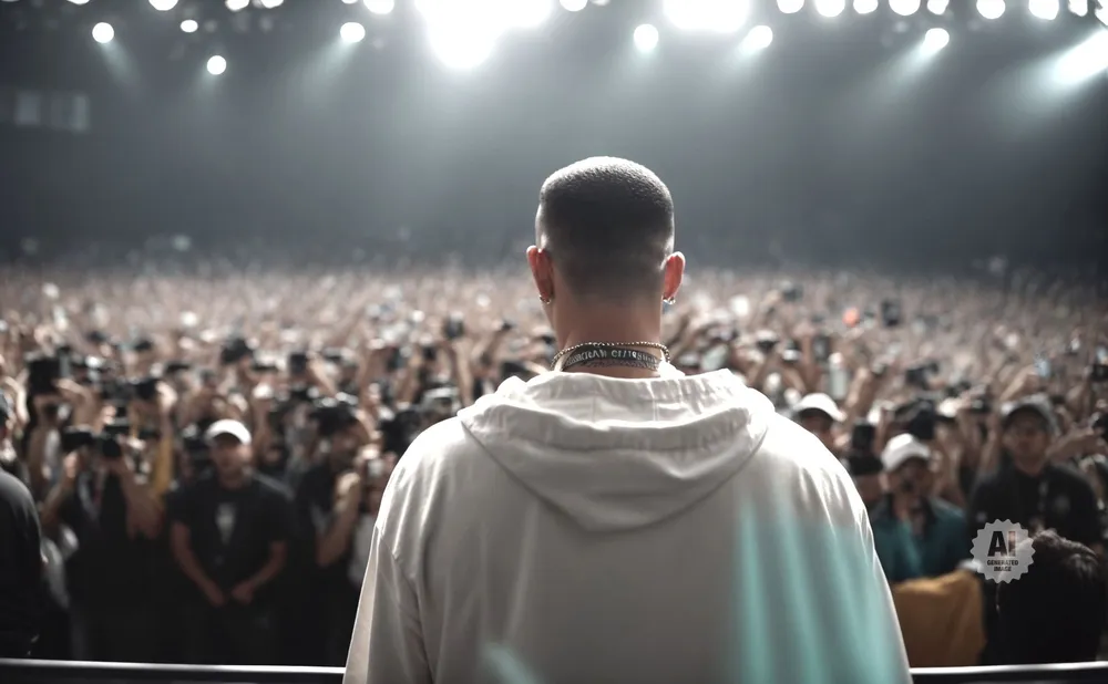 Man in white hoodie facing a cheering crowd at a concert, illuminated by stage lights.