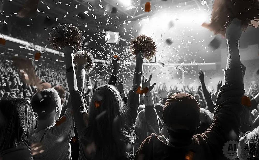 People in a crowd cheer and throw confetti, with some holding pom-poms.