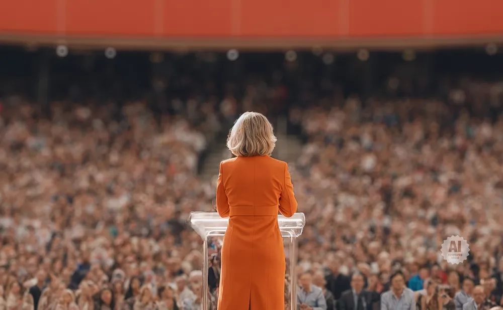 Woman in orange suit speaks at a podium to a large crowd in a stadium.