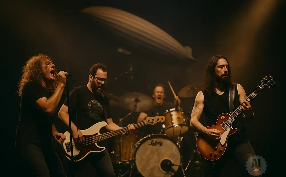 A band plays on stage with a zeppelin in the background.