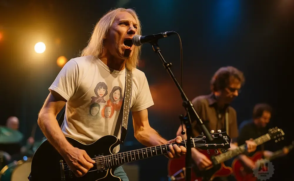 A male singer and guitarist performs on stage with his band.