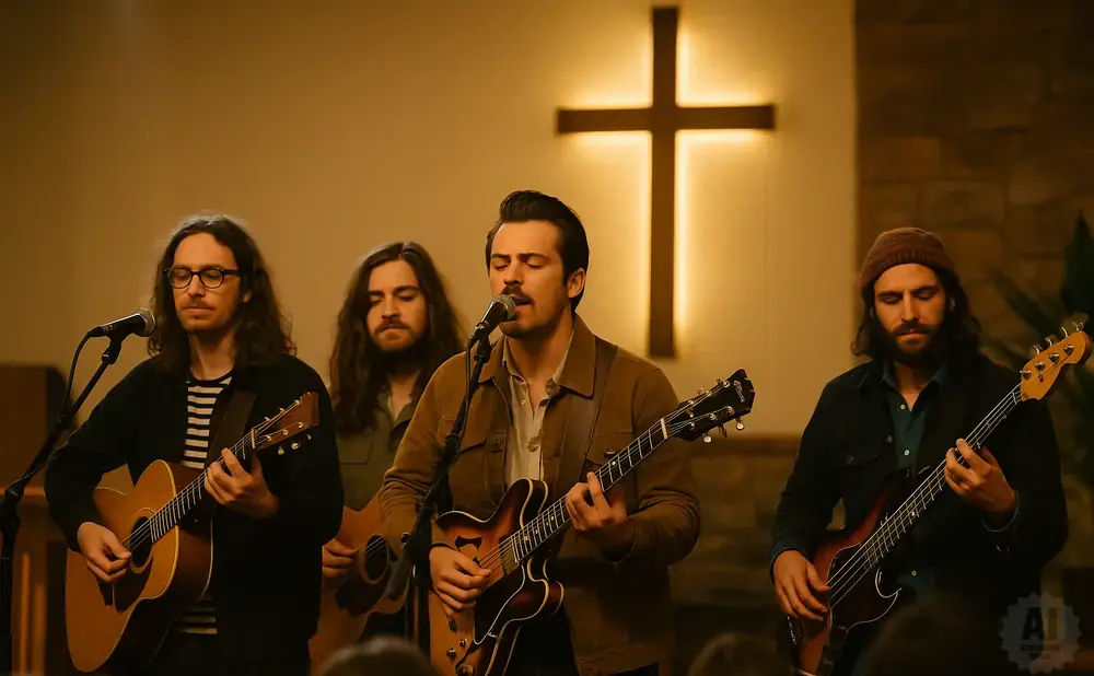 A band plays music in front of a glowing cross in a dimly lit room.