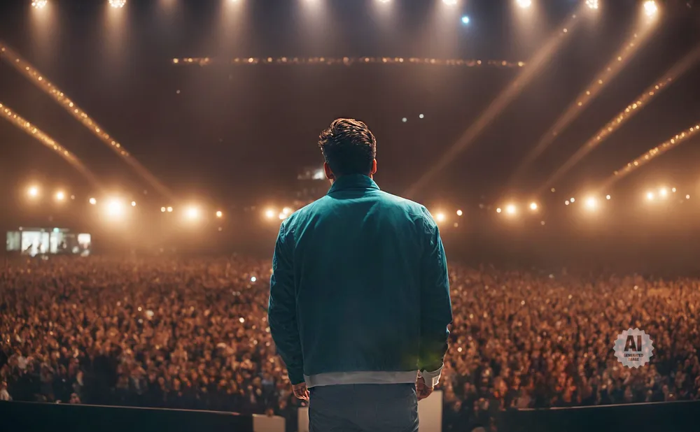 Man in a teal jacket facing a large, cheering crowd on a brightly lit stage.