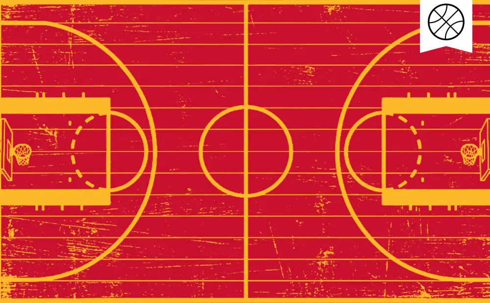 A stylized, distressed red and yellow basketball court with a small basketball icon in the top right corner.