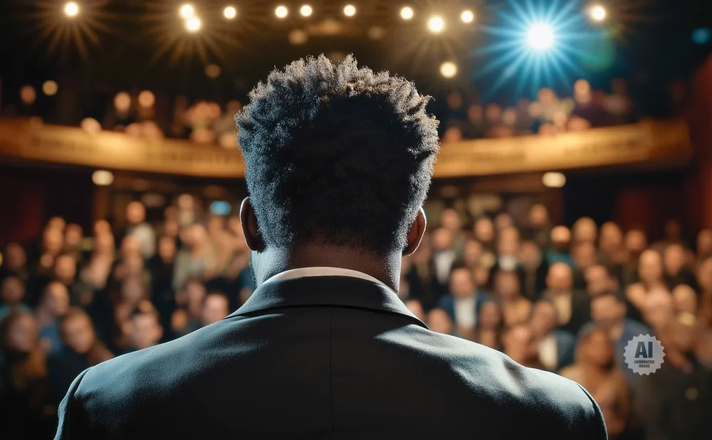 A man in a suit speaks to a blurred audience under stage lights.