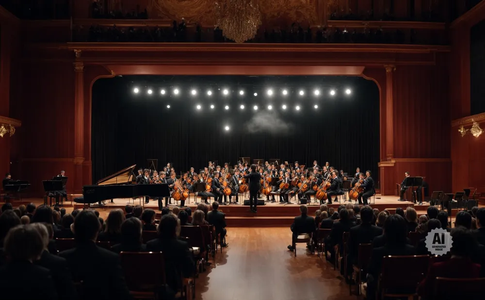 Orchestra performs on stage in a concert hall with a grand piano and conductor visible.