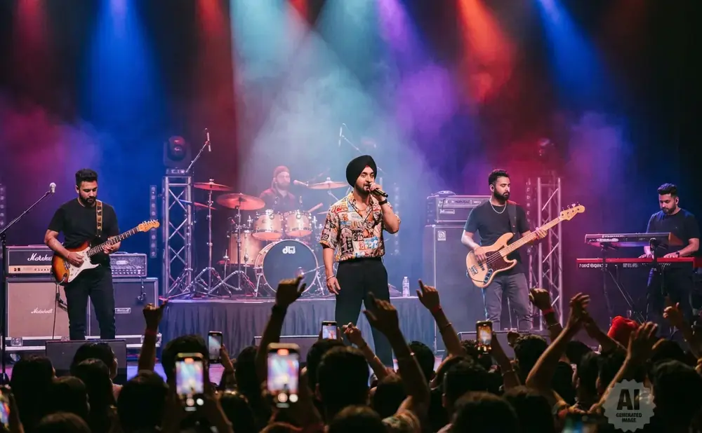 A band performs on stage with colorful lights, a singer in a patterned shirt takes center stage while other members play instruments.