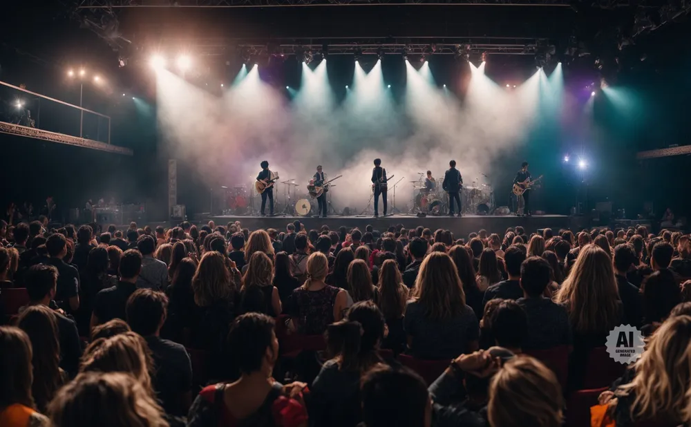 A band performs on stage for a large audience in a concert hall.