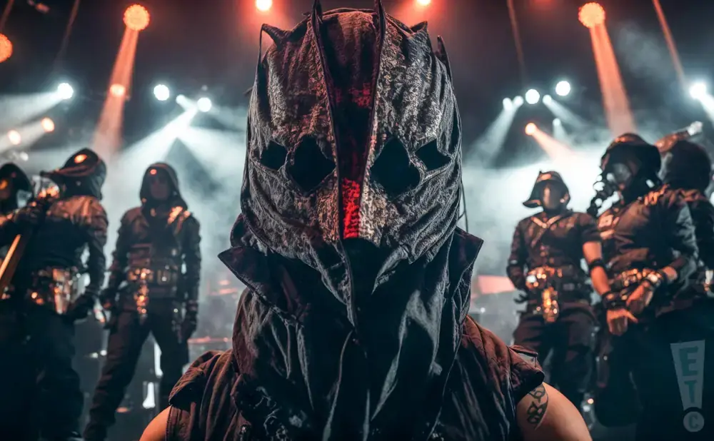 A person in a dark, ornate mask stands in front of others in similar costumes on a stage with red and white lights.