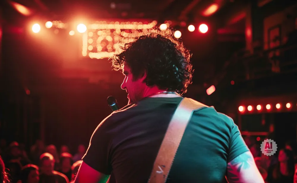Musician with curly hair on stage, facing away from camera, with a microphone and guitar strap.