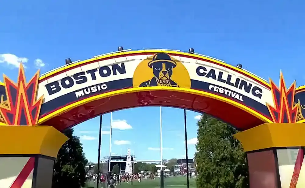 Archway for Boston Music Festival featuring a Boston Terrier wearing a hat.