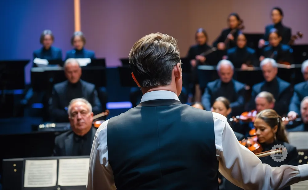 Orchestra conductor leading musicians, with a focus on the conductor's back and the musicians' faces and instruments.