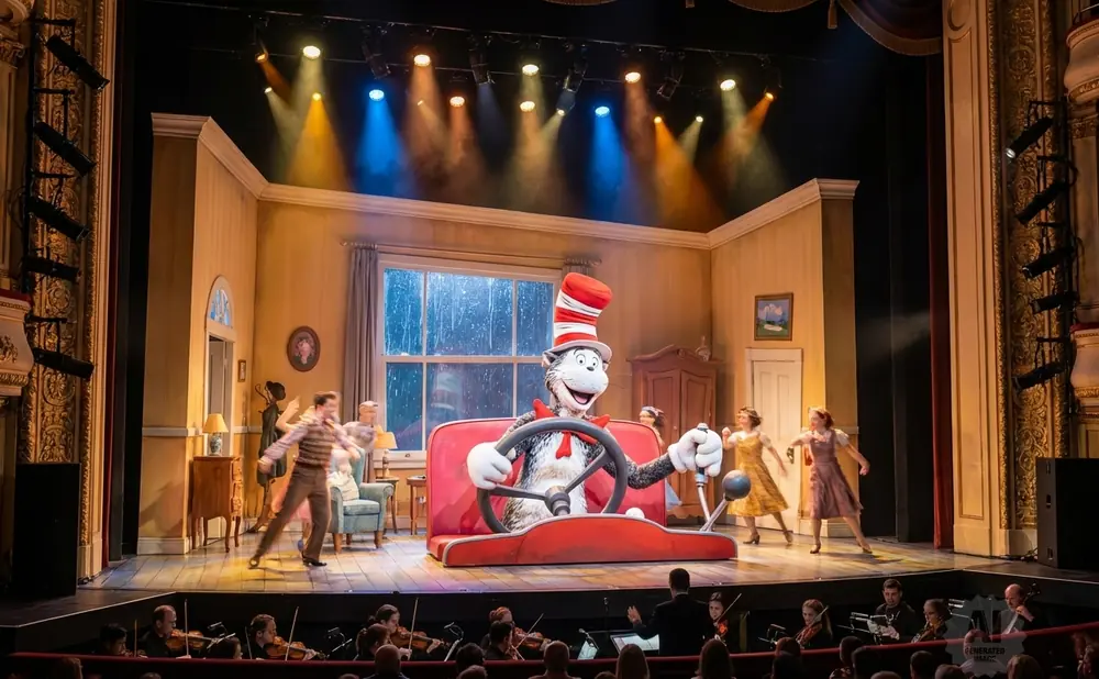 The Cat in the Hat drives a car on stage during a performance, with actors and an orchestra present.