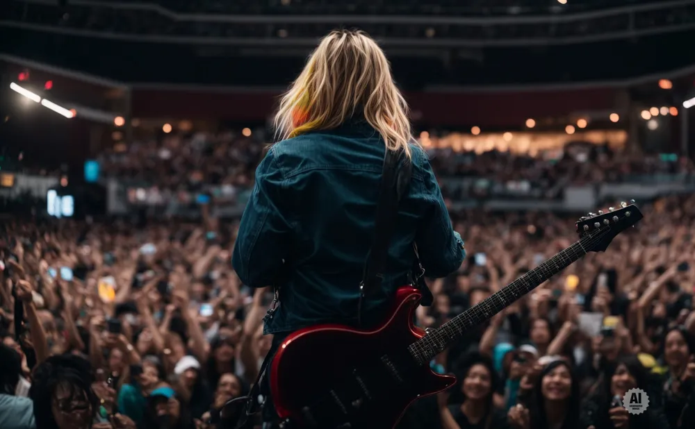 A guitarist with blonde hair and a denim jacket plays a red electric guitar on stage in front of a cheering crowd.