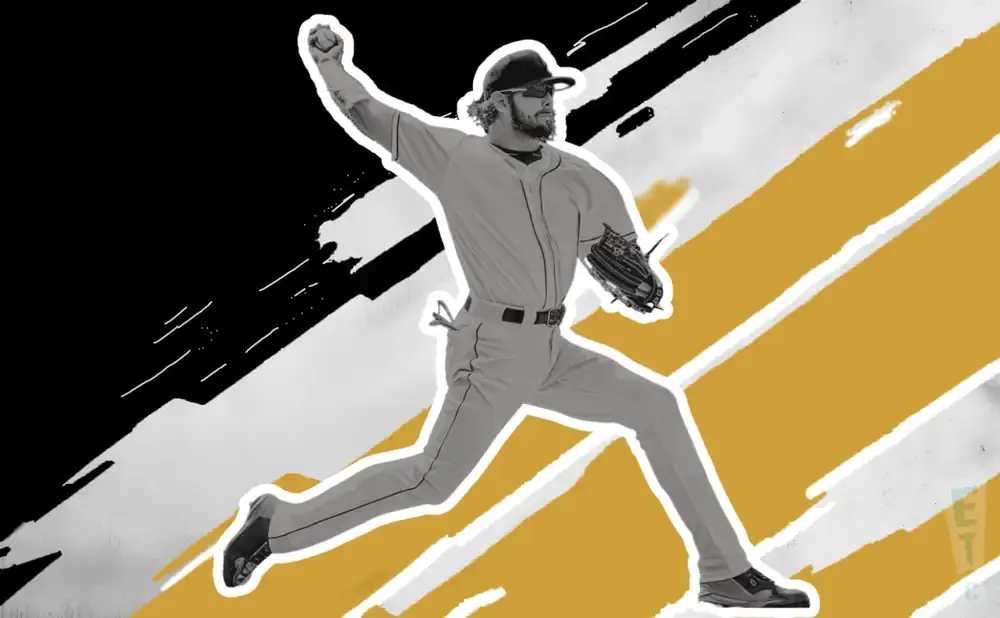 Baseball pitcher in mid-throw, wearing a gray uniform and a cap.