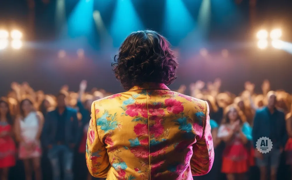 Man in a floral jacket on stage facing a cheering crowd.