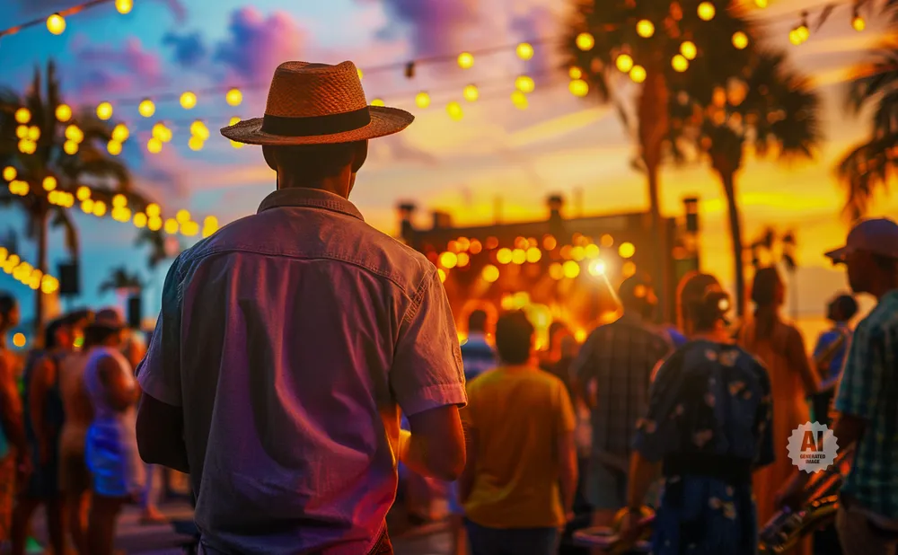 Man in a straw hat watches a vibrant outdoor concert at sunset, with string lights and palm trees.
