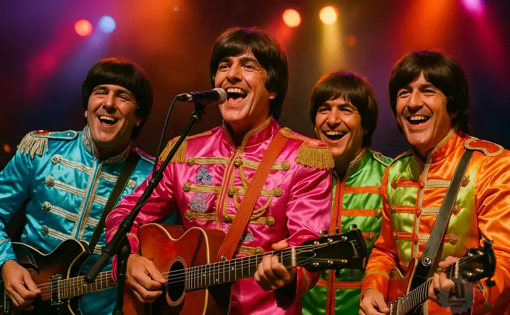 Four men in colorful Beatles-inspired outfits play guitars on stage, smiling.
