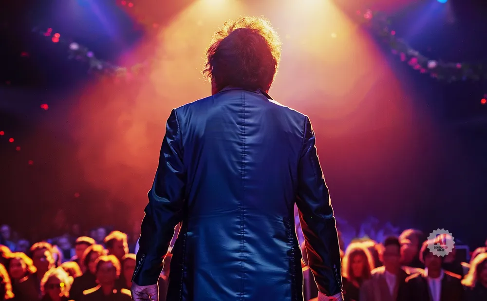 A man in a blue jacket stands on a stage, facing away from the camera, with a crowd in the background.