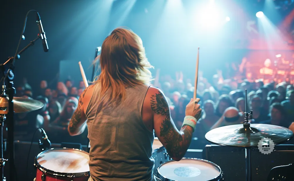 A drummer plays on stage with a crowd in the background under bright stage lights.