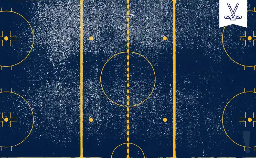 Hockey rink with a distressed, dark blue background and yellow markings.