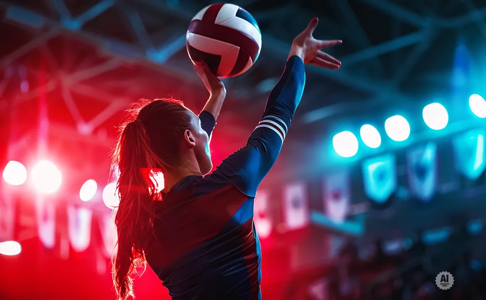 Volleyball player serving the ball under red and blue lights.