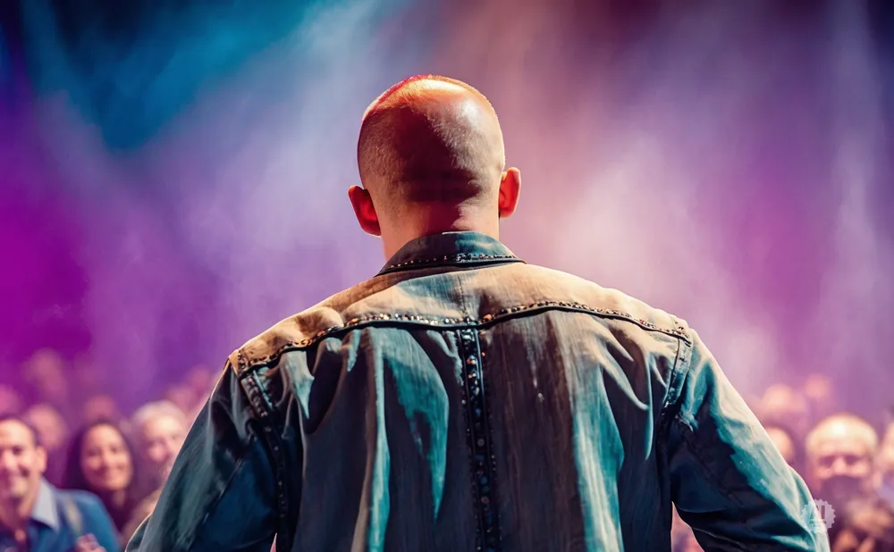 A bald man in a denim shirt faces away from the camera on a stage, with a cheering crowd and purple stage lights behind him.