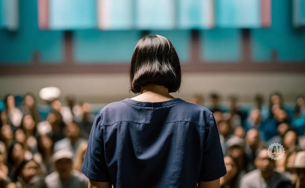 A woman with short dark hair stands with her back to the camera, facing an audience in a lecture hall.