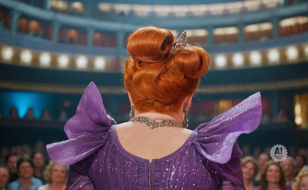 Back view of a woman with an elaborate red updo, wearing a sparkly purple gown with puffed sleeves.