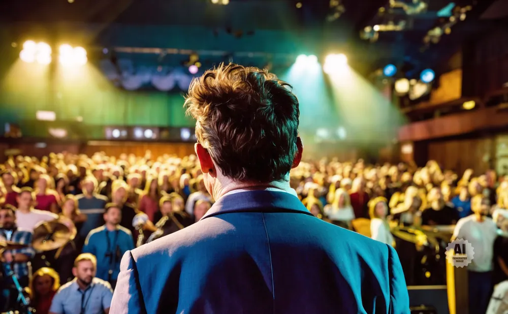 Back of man in suit facing a large, brightly lit audience.